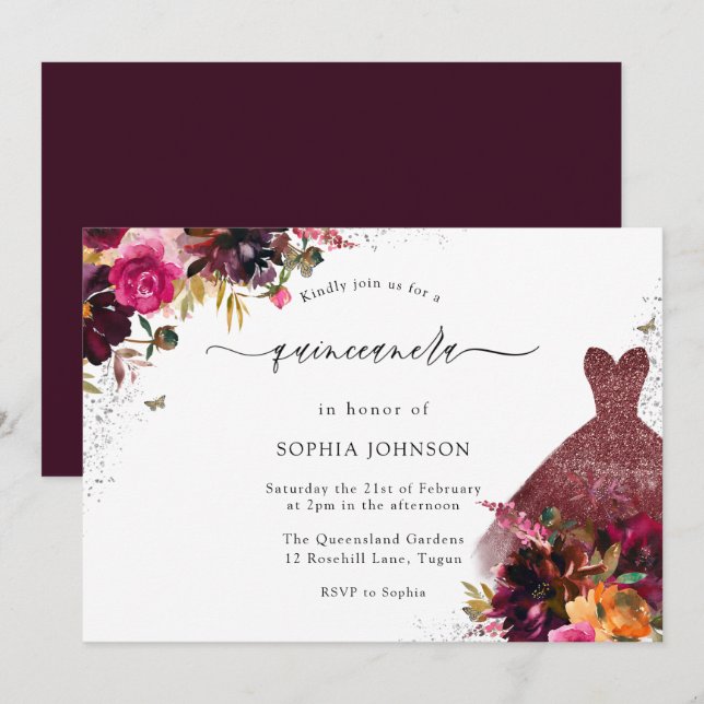 Invitation Robe d'étincelle de Bourgogne Quinceanera (Devant / Derrière)