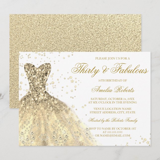 Invitation Robe d'étincelle d'or femmes 30e fête d'anniversai (Devant / Derrière)
