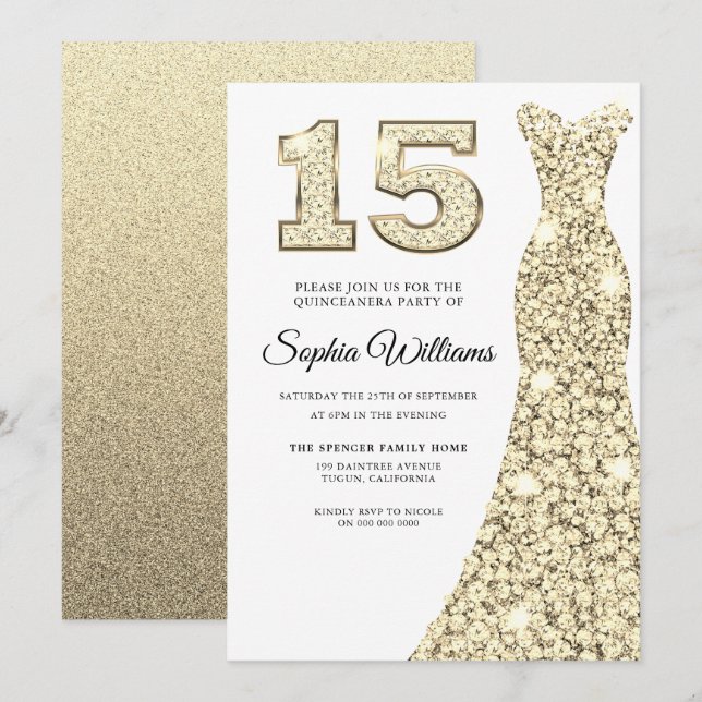 Invitation Robe d'étincelle d'or Quinceanera 15e anniversaire (Devant / Derrière)