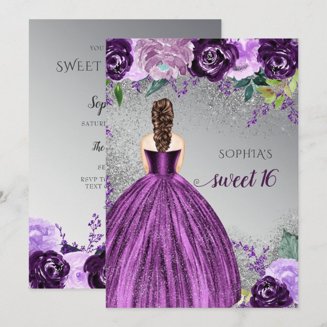 Invitation Robe d'étincelle violet argent Douce 16 ans (Devant / Derrière)