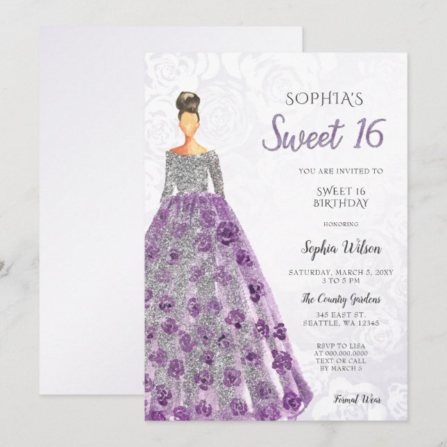 Invitation Robe d'étincelle violet argent Douce 16 ans Invi (Devant / Derrière)