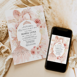 Invitation Robe d'herbe Quinceañera Blush Boho Floral Pampas