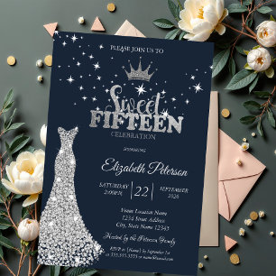 Invitation  Robe Diamants Étoiles Bleu Marine Quinceañera 
