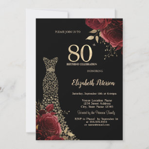 Invitation Robe Diamants Or Roses Rouges 80e Anniversaire Noi