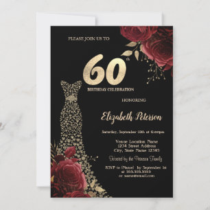 Invitation Robe Diamants Or Roses Rouges Noires 60 Ans Annive