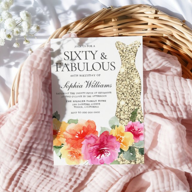 Invitation Robe d'or botanique florale 60e fête d'anniversair (Créateur téléchargé)