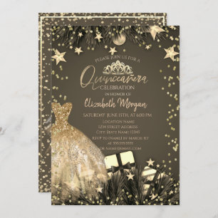 Invitation Robe d'or, Branches, Étoiles de diamants Quinceañe