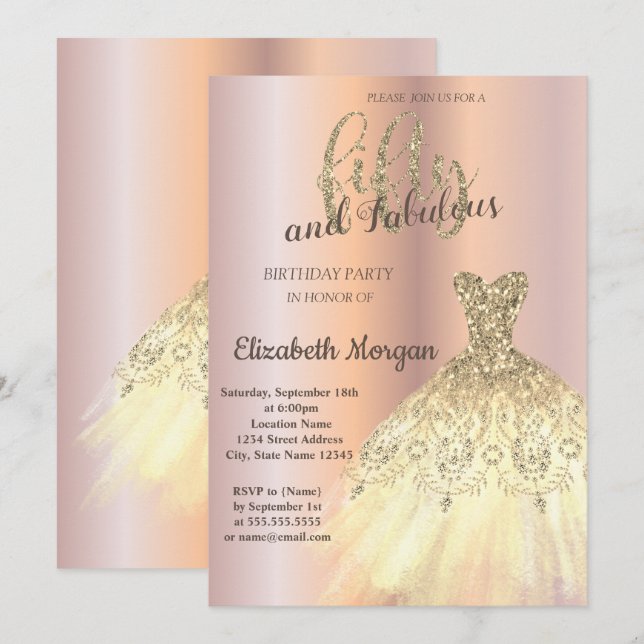 Invitation Robe d'or chic, Gold Rose 50e fête d'anniversaire (Devant / Derrière)