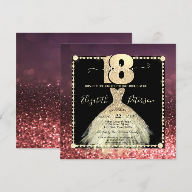 Invitation Robe d'or chic Parties scintillant Bourgogne 18e a (Devant / Derrière)