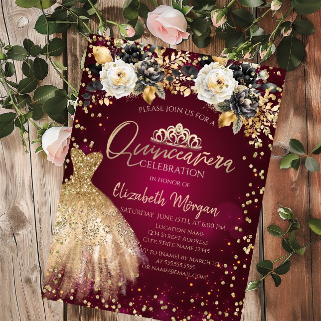 Invitation Robe d'or Diamants Fleurs Bourgogne Quinceañera (Créateur téléchargé)