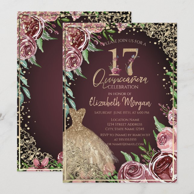 Invitation Robe d'or Diamonds Bourgogne Roses Quinceañera (Devant / Derrière)