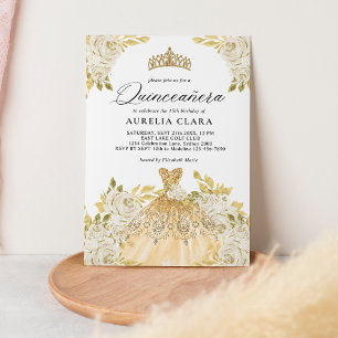 Invitation Robe d'or en ivoire de Glam Floral 15e Quinceañera