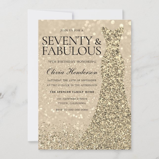 Invitation Robe d'or FEMMES 70e Anniversaire Fête Étincelle (Devant)