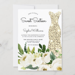 Invitation Robe d'or Fleurs blanches Douce 16 Anniversaire