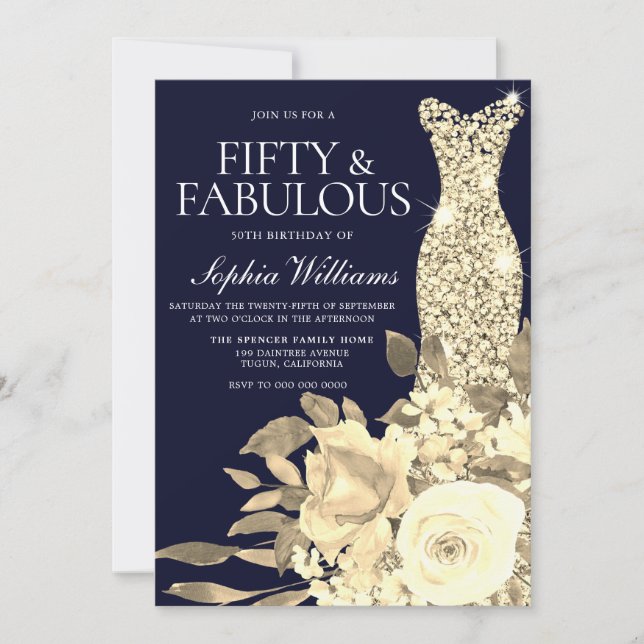Invitation Robe d'or Fleurs d'or Marine 50e anniversaire (Devant)