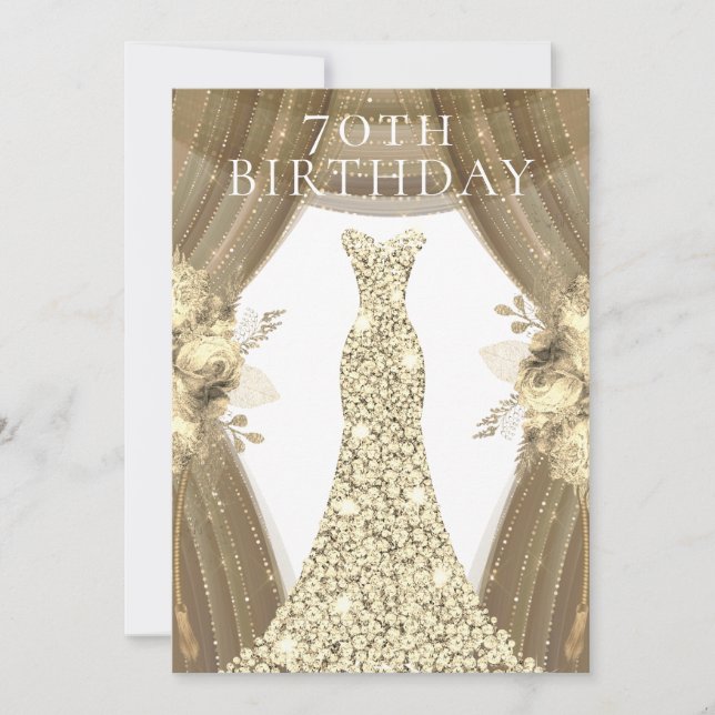 Invitation Robe d'or Fleurs Élégante 70e fête d'anniversaire (Devant)