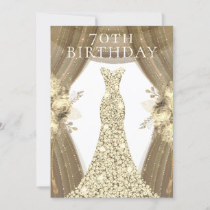 Invitation Robe d'or Fleurs Élégante 70e fête d'anniversaire
