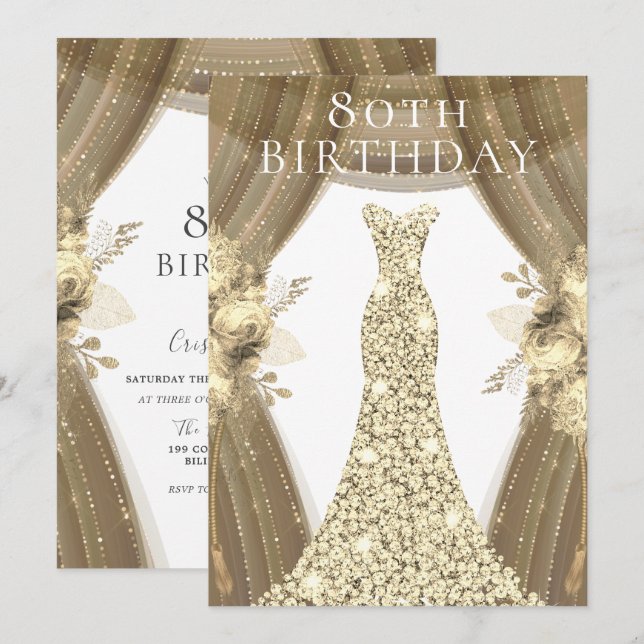 Invitation Robe d'or Fleurs Élégante fête de 80e anniversaire (Devant / Derrière)