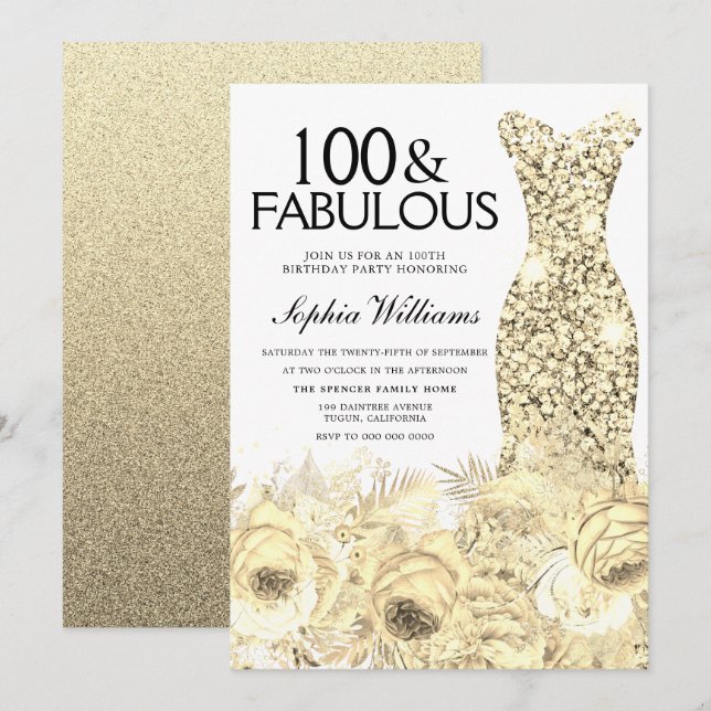Invitation Robe d'or Floral 100 & Fabuleux 100e anniversaire (Devant / Derrière)