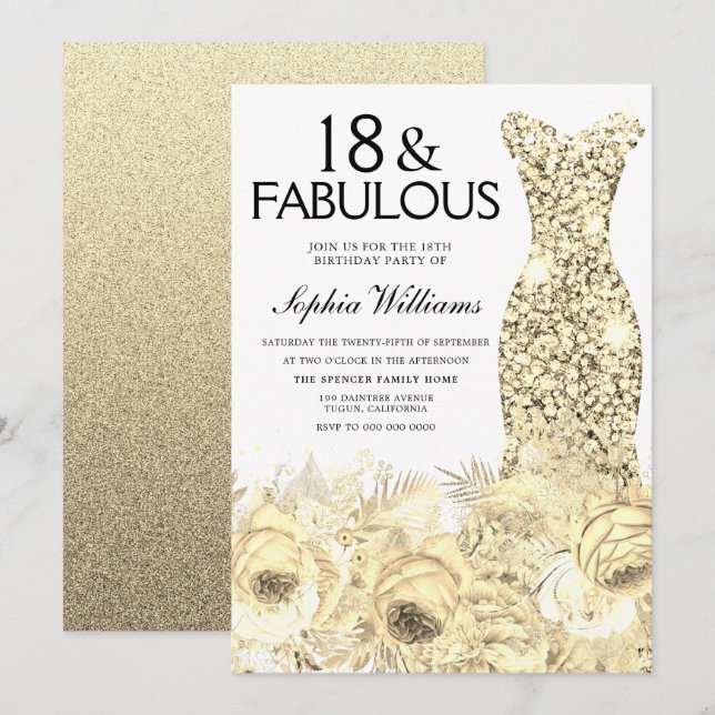 Invitation Robe d'or Floral 18 & Fabuleux 18e anniversaire (Devant / Derrière)