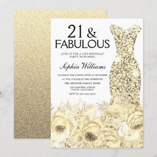 Invitation Robe d'or Floral 21 & Fabuleux 21e anniversaire