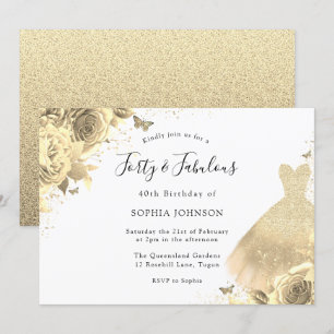 Invitation Robe d'or Floral 40e Anniversaire Forty & Fabulous