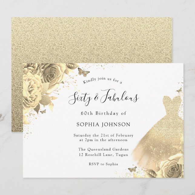 Invitation Robe d'or Floral 60e anniversaire Soixante et fabu (Devant / Derrière)