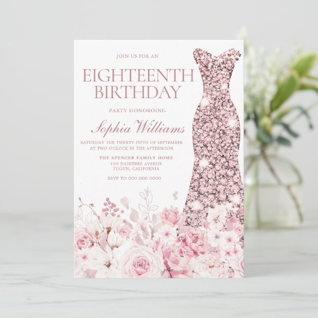 Invitation Robe d'or florale et Rose 18e fête d'anniversaire (Debout devant)
