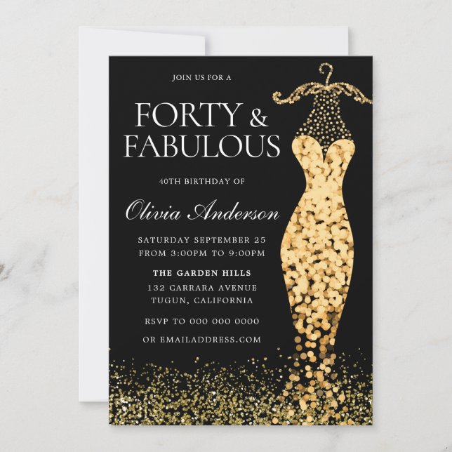 Invitation Robe d'or glamour Fabuleux 40e anniversaire (Devant)