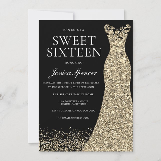 Invitation Robe d'or noir Sweet 16 fête d'anniversaire (Devant)
