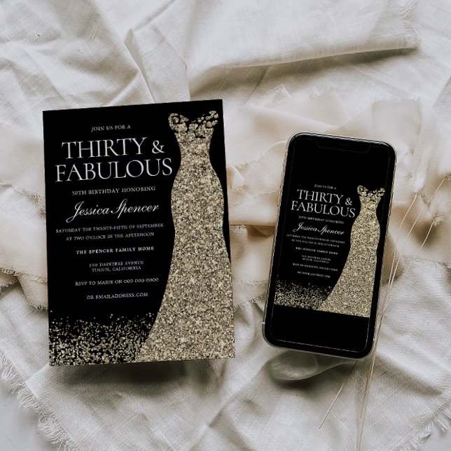 Invitation Robe d'or noire femmes 30e fête d'anniversaire (Créateur téléchargé)