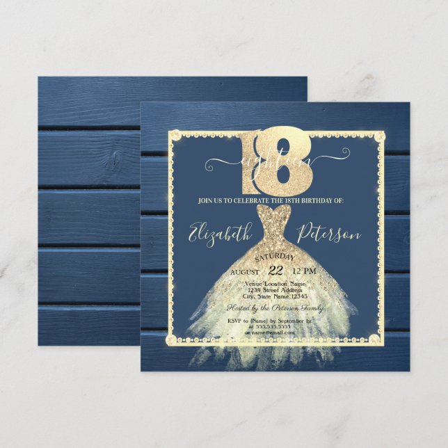Invitation Robe d'or Parties scintillant Marine Bois bleu 18e (Devant / Derrière)