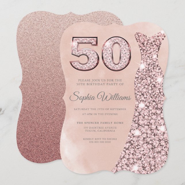 Invitation Robe d'or rose Aquarelle Blush 50e Anniversaire (Devant / Derrière)