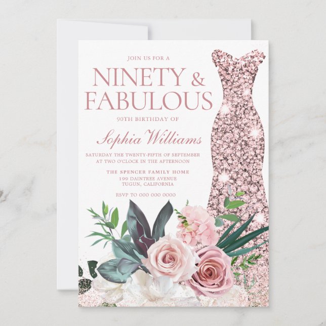 Invitation Robe d'or rose Blush Floral 90e fête d'anniversair (Devant)