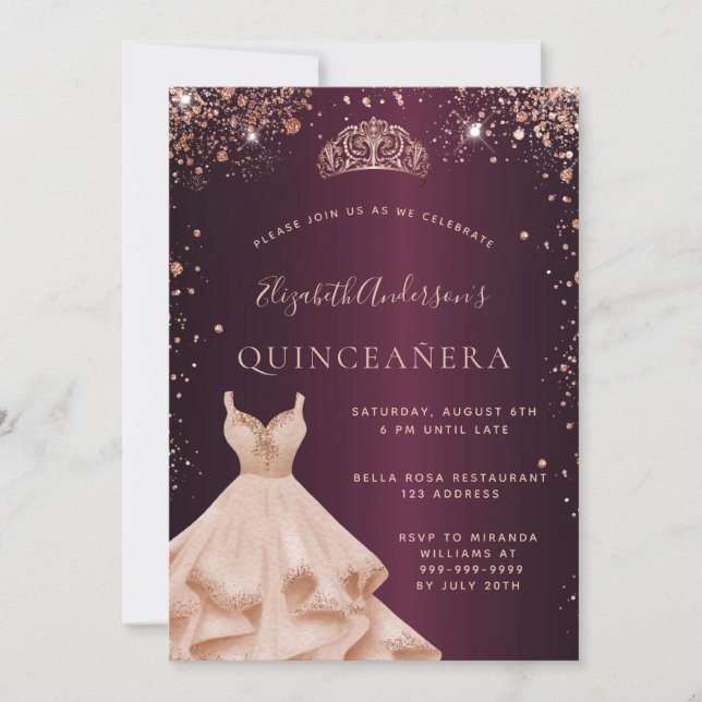 Invitation Robe d'or rose de Quinceanera bordeaux (Devant)