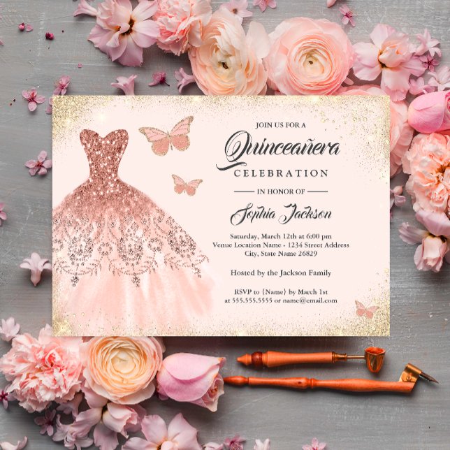 Invitation Robe d'or Rose étincelante papillon Quinceanera (Créateur téléchargé)