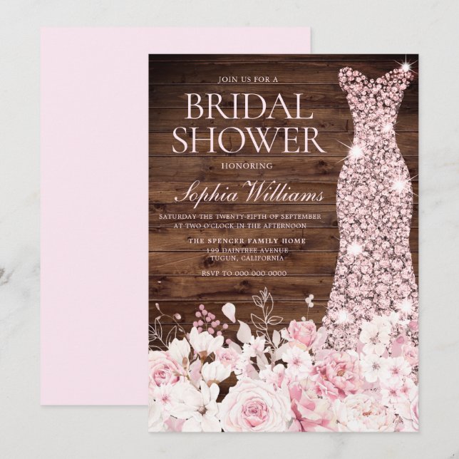 Invitation Robe d'or rose Fleurs de Blush Fête des mariées ru (Devant / Derrière)
