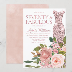 Invitation Robe d'or rose & Fleurs roses bleues 70e anniversa