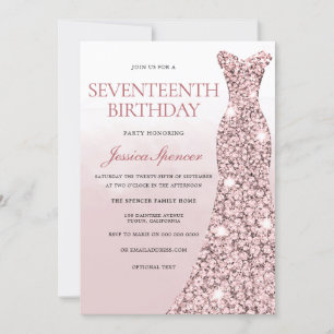 Invitation Robe d'or rose Roses Filles 17ème anniversaire