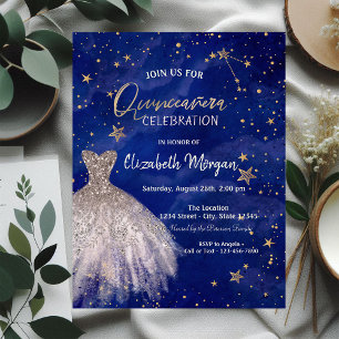 Invitation Robe d'or rose Stars Galaxy Quinceañera