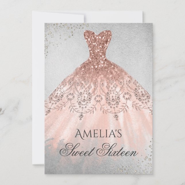 Invitation Robe d'or rose Sweet sixteen étincelant en argent (Devant)