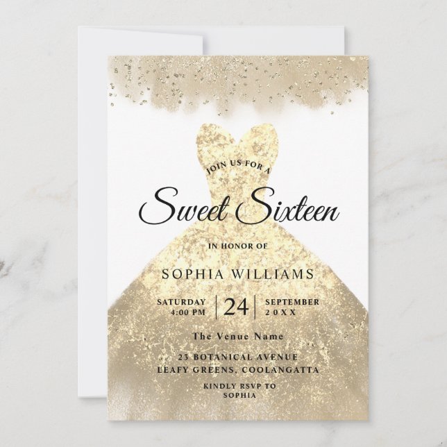 Invitation Robe d'or Sweet 16 Anniversaire fête (Devant)