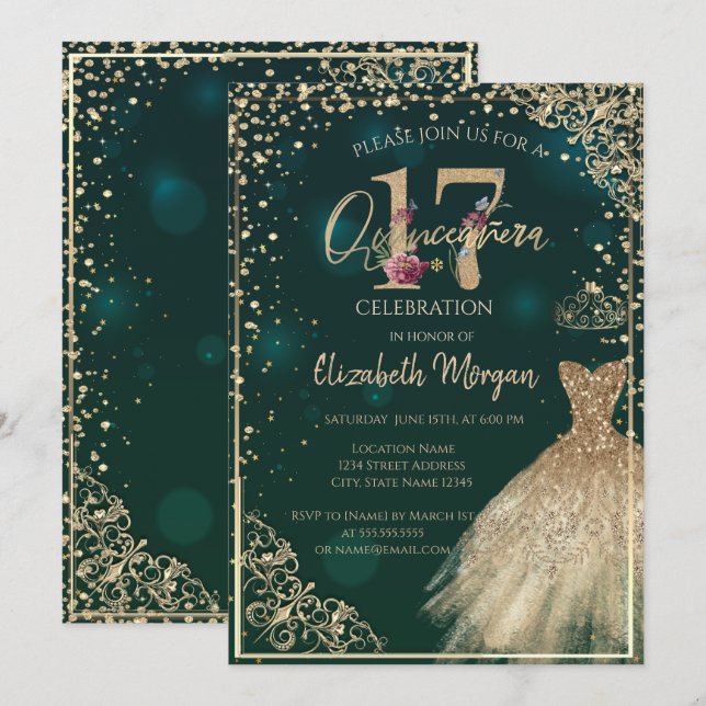 Invitation Robe d'or Tiara, Diamants Floral Quinceañera (Devant / Derrière)