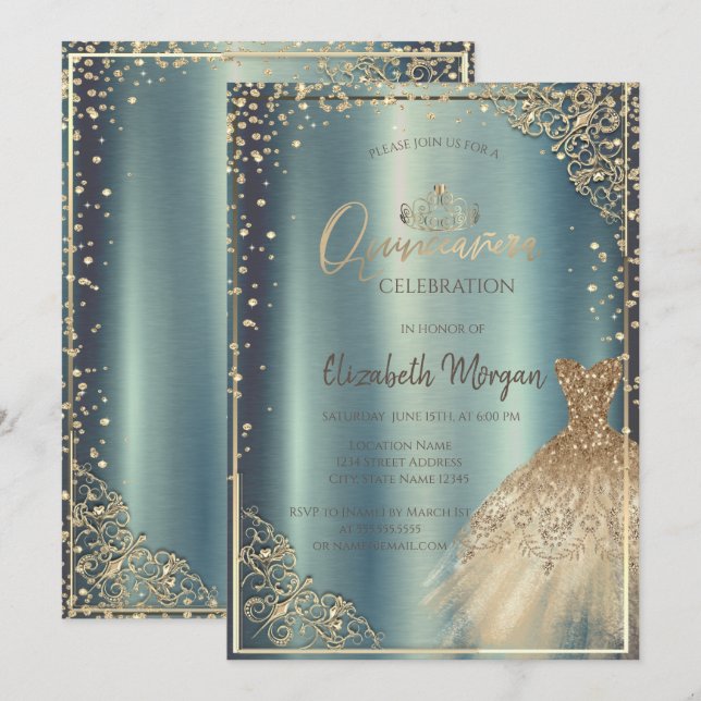 Invitation Robe d'or Tiara, Diamants Métallurgique Quinceañer (Devant / Derrière)