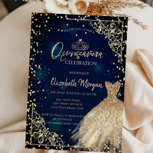 Invitation Robe d'or Tiara, Diamonds Marine Blue Quinceañera