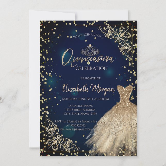 Invitation Robe d'or Tiara, Diamonds Marine Blue Quinceañera (Devant)