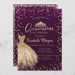 Invitation Robe d'or Tiara, Diamonds Violet Quinceañera