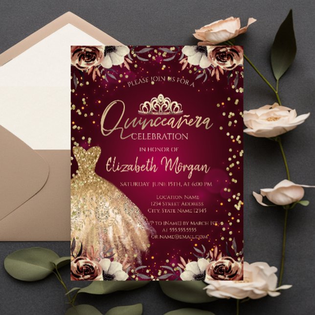 Invitation Robe d'or Tiara, Fleurs Bourgogne Quinceañera (Créateur téléchargé)