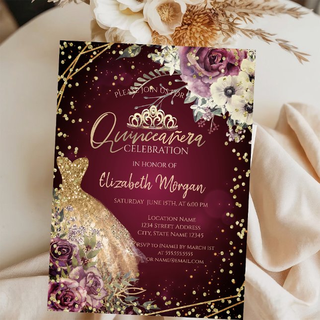 Invitation Robe d'or Tiara, Floral Bourgogne Quinceañera (Créateur téléchargé)