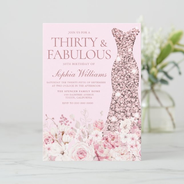 Invitation Robe d'or très florale Rose 30e anniversaire (Debout devant)
